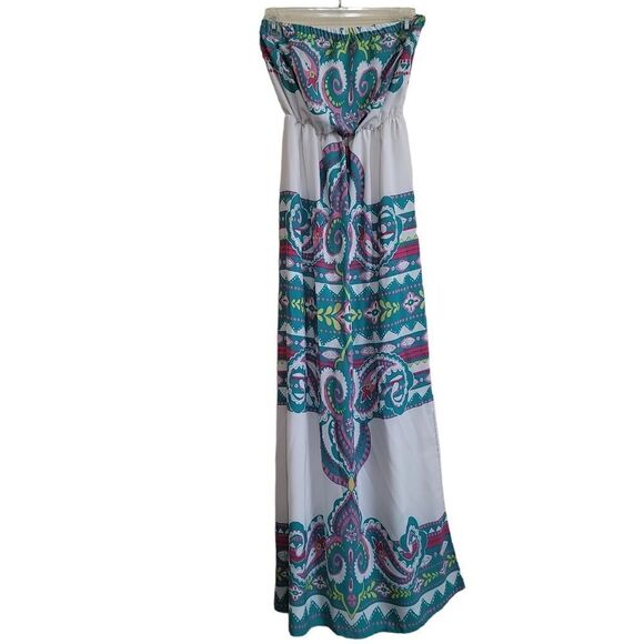 Pink Owl  Green White Multicolored  Boho  Strapless Maxi  Sz Medium - Picture 3 of 9
